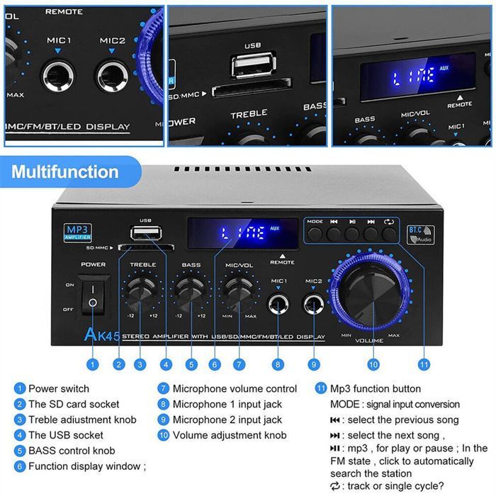 Digitale hifi-stereoversterker met Bluetooth, FM en USB. Geïntegreerde versterker. Label