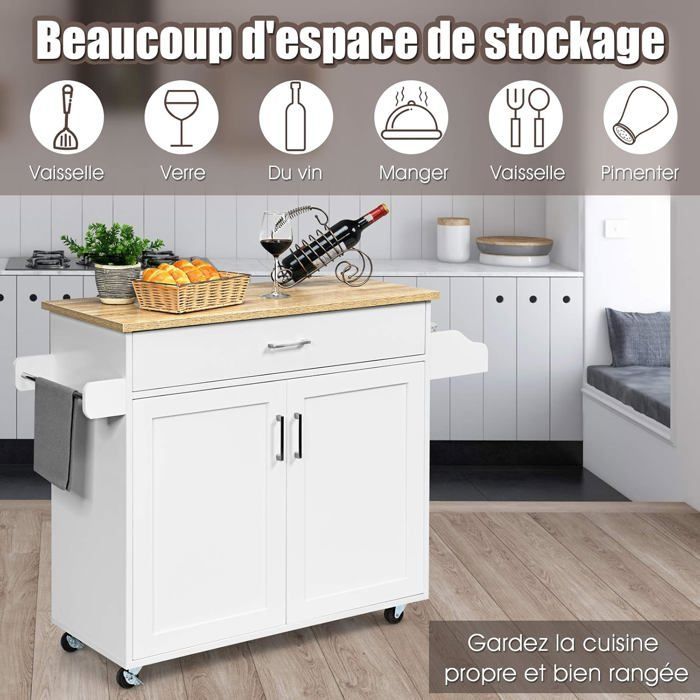 Carrito de cocina COSTWAY, isla de cocina rodante con amplio armario, cajón, especiero y toallero, color blanco.