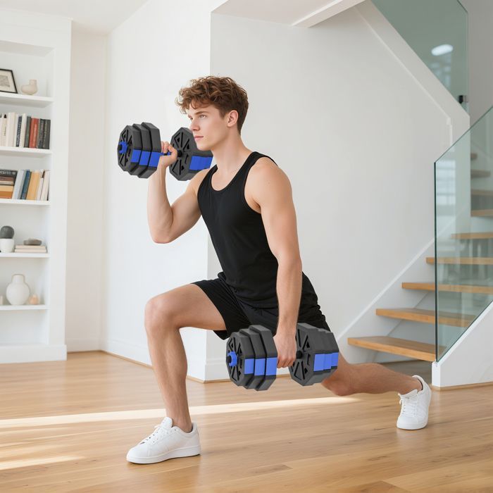 Gewichtheber-Hantelset – SPORTNOW – 6-in-1 – 25 kg – Kurzhantel, Kettlebell, Langhantel, Liegestützgriff – blau