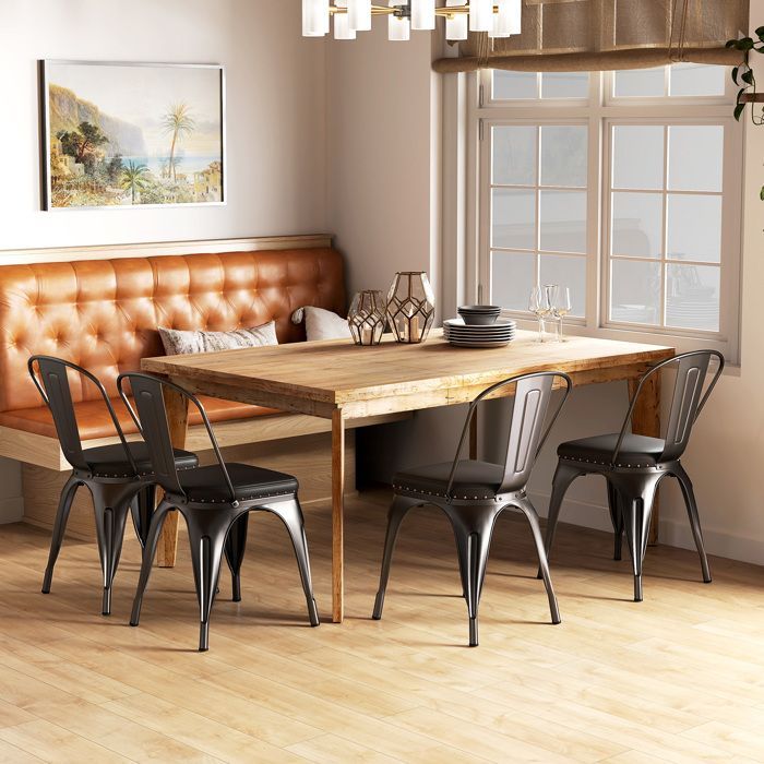 4er-Set stapelbare Esszimmerstühle aus Metall – COSTWAY – Abnehmbare Rückenlehne – Sitzfläche aus gepolstertem Kunstleder – 53 x 44 x 84 cm