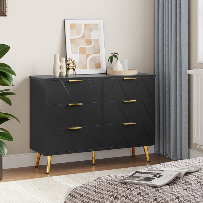 YITAHOME Commode à 6 tiroirs, Large Commode en Bois, Meuble de Rangement Coulissant, Meuble de Bureau Salon, 102 x 34 x 75cm, Noir