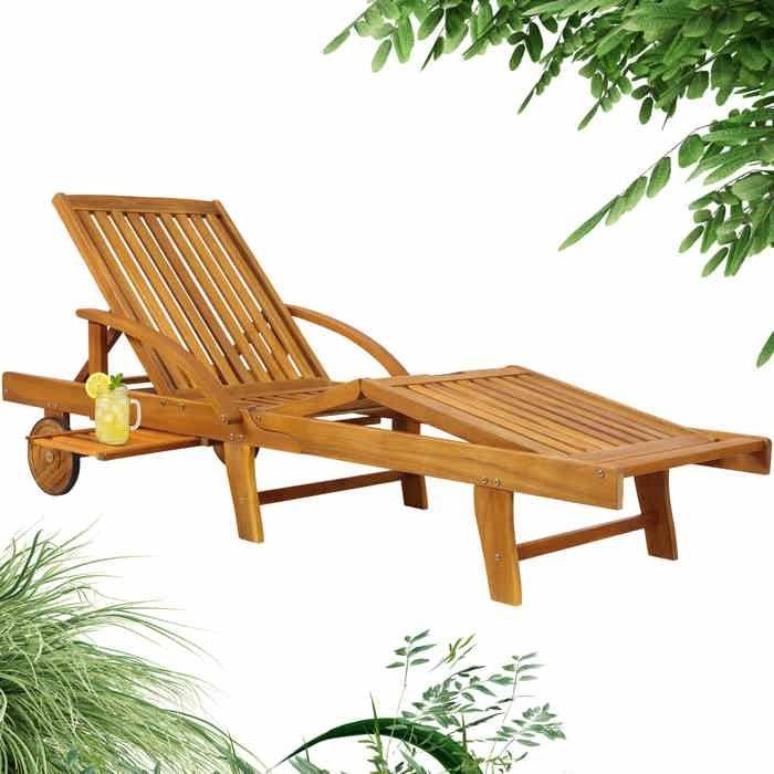 CASARIA® Chaise longue Tami Sun en bois d'acacia transat avec roues pour extérieur jardin terrasse meuble bain de soleil