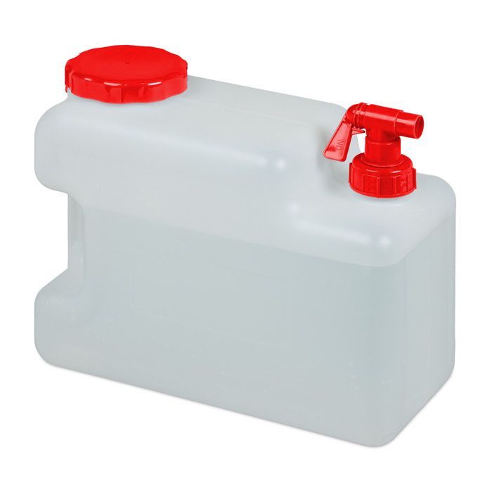 Tanica per acqua Relaxdays con rubinetto, coperchio a vite, borraccia da campeggio, 12 L, senza BPA, bianco-rosso