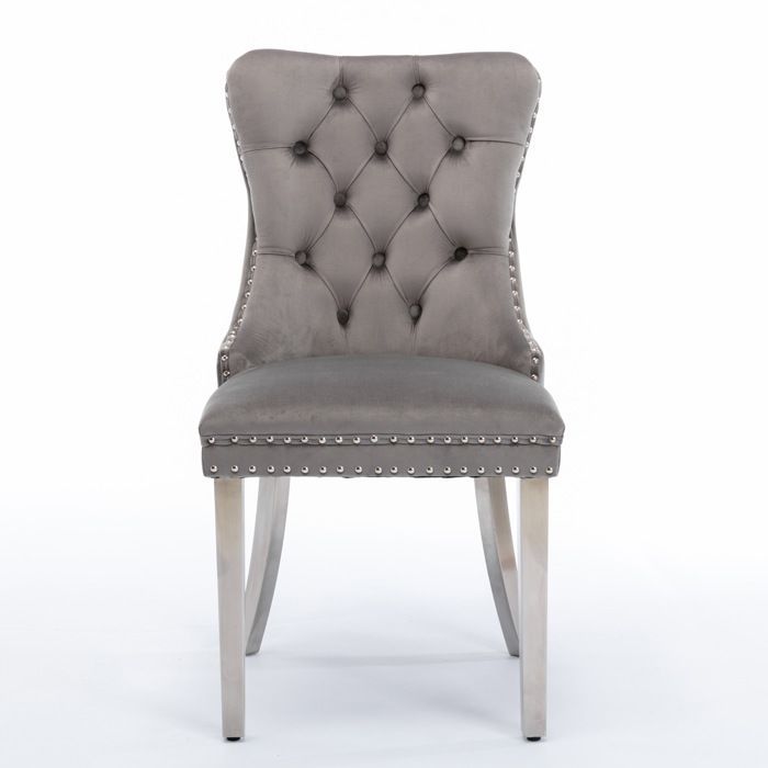 Chaise de Salle à Manger en Velours Contemporaine - Lot de 2 Chaise Rembourrée - Garniture Cloutée, Gris et Chrome
