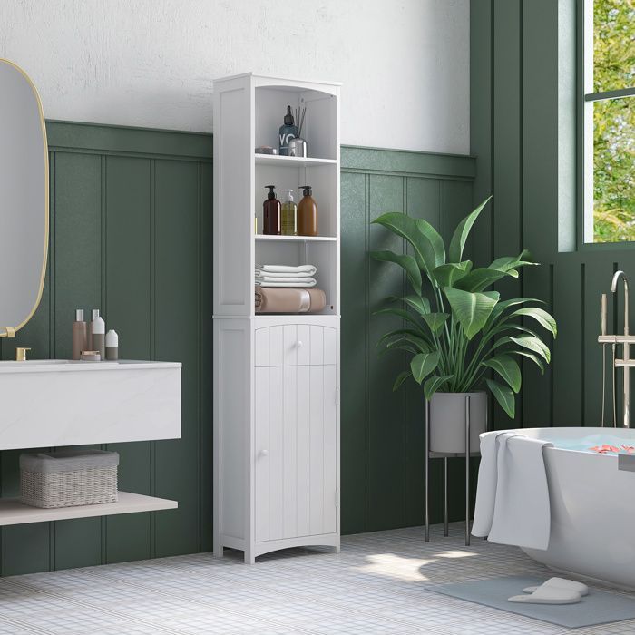 Armario alto HOMCOM - Almacenamiento para baño, estante para inodoro, cajón, mueble de armario - Madera - 34x24x170cm - Blanco