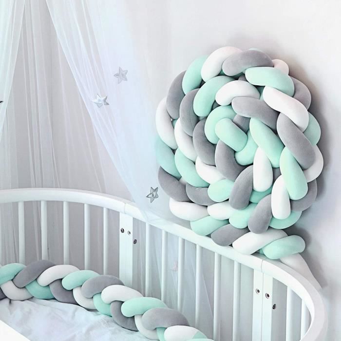 3M Tour de Lit Coussin Serpent Coussin Tressé Pare-chocs Velours Protection Bébé (Blanc gris vert)