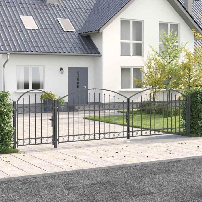 Portail de jardin en acier - vidaXL - Sommet en arc - Gris - 500x125 cm - Verrouillable - 3 poteaux inclus