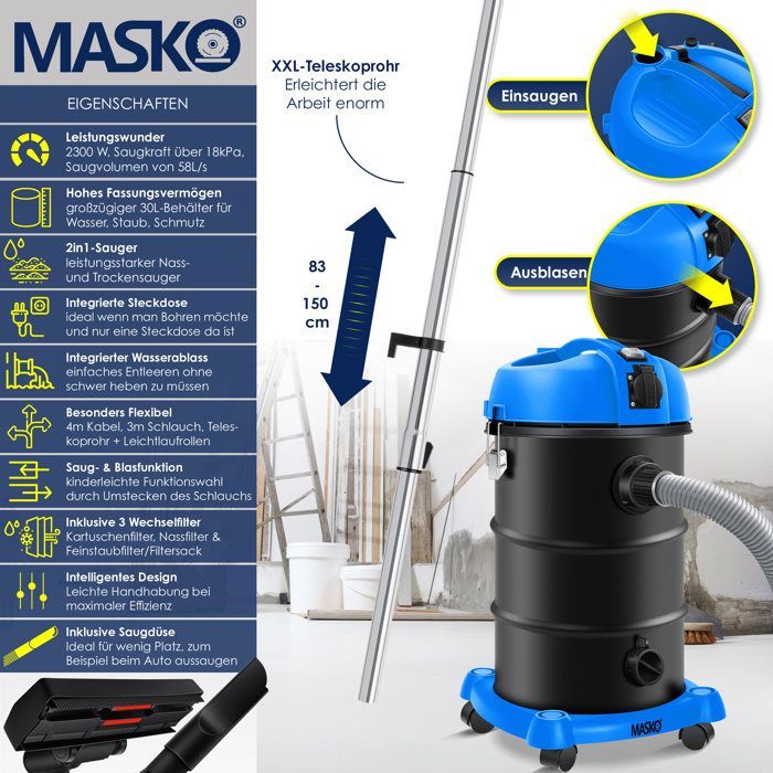 Aspiradora industrial multiusos MASKO - 2300 W - Aspiradora para sólidos y líquidos - Aspiradora para cenizas