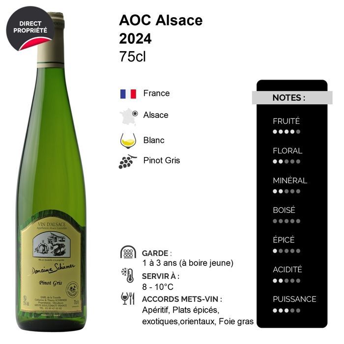 Domaine Schirmer Alsace Pinot Gris 2024 - Vino blanco de Alsacia (6 x 75 cl)