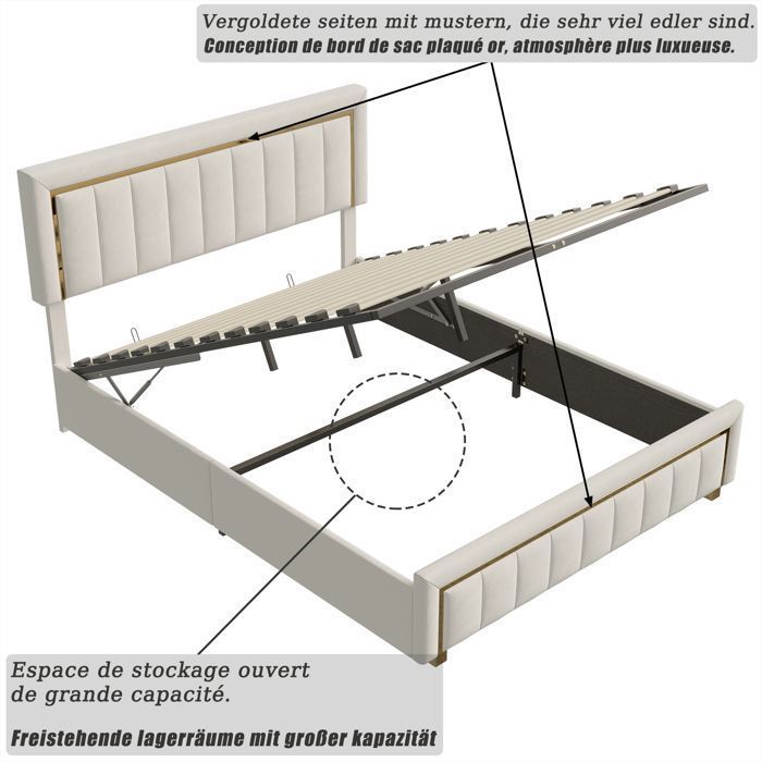 Cama de 140x200 cm con somier de láminas y espacio de almacenamiento. Estructura de cama para 2 personas, tapizada, con palanca hidráulica, terciopelo, color beige.