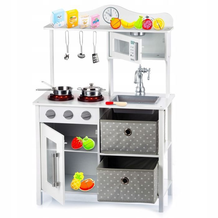 Vintage wooden children's kitchen with light, sounds and accessories, fruits and vegetables to cut (GS0058-1)