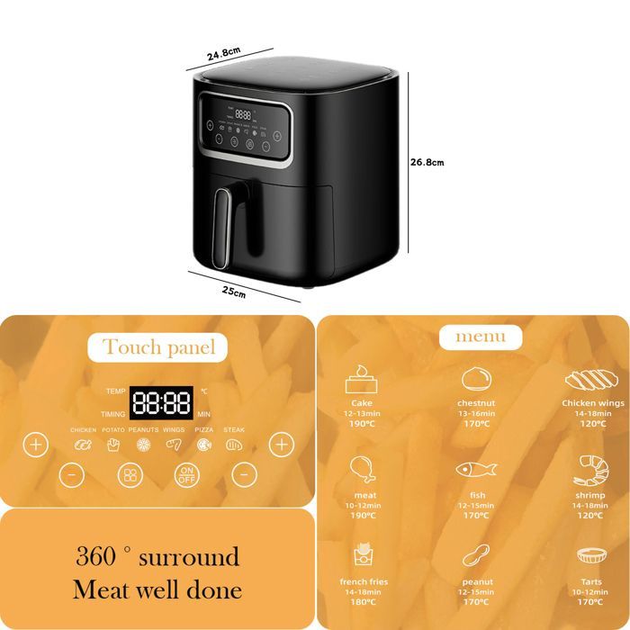10-Liter-Heißluftfritteuse – 1400 W – Touchscreen – 9 Programme – Isolierung – Gleichmäßiges Garen – Schwarz