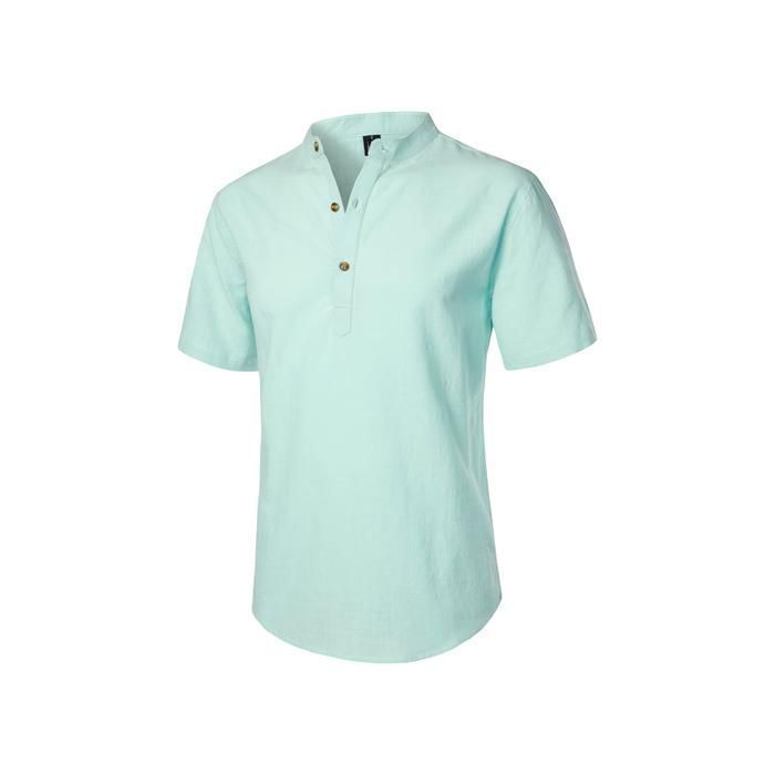Men's Henley Shirt, Short Sleeves, Breathable Cotton and Linen, Slim Fit, Striped, 3-Button Collar, Mint Green, Size S