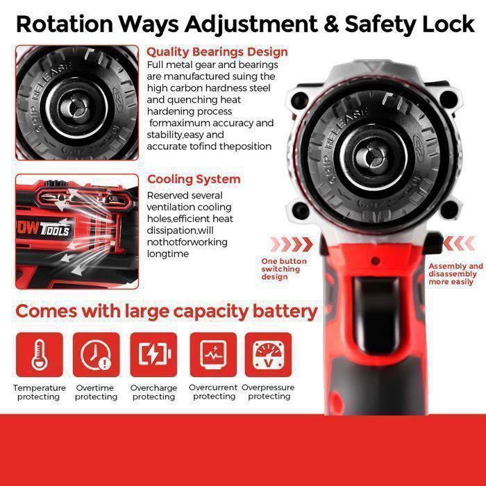 Taladro atornillador inalámbrico POWTOOLS - 21 V - 2 baterías de litio + 24 accesorios + cargador