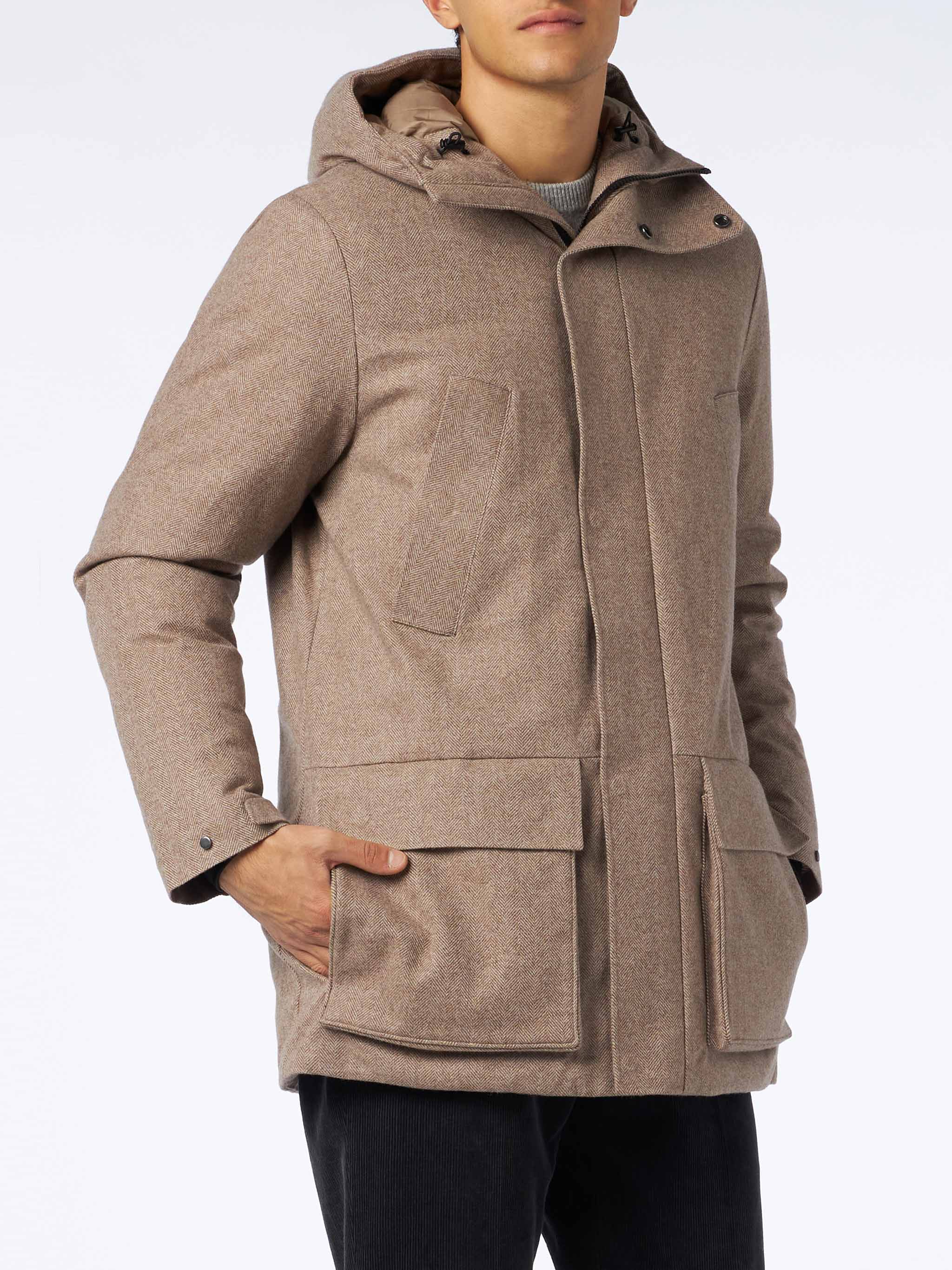 Herenparka met capuchon en visgraatprint