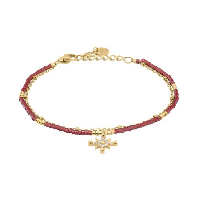 ANTHAREA Women's Double Row Bracelet, Gold-Plated Steel, Red Beads, Lobster Clasp and Red