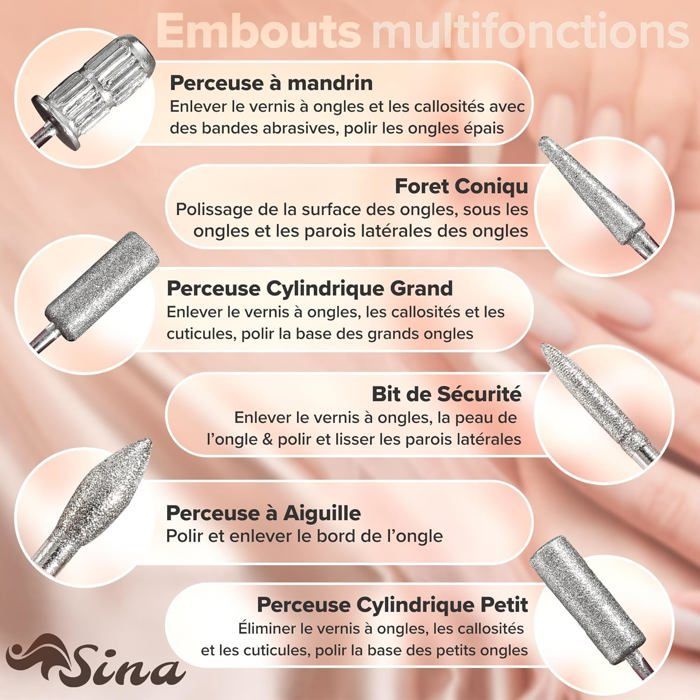 SINA Fraises à ongles électriques | ponceuse à ongles electrique | Lime à Ongles électrique | 100 manchons abrasifs | 20 000 tr/min