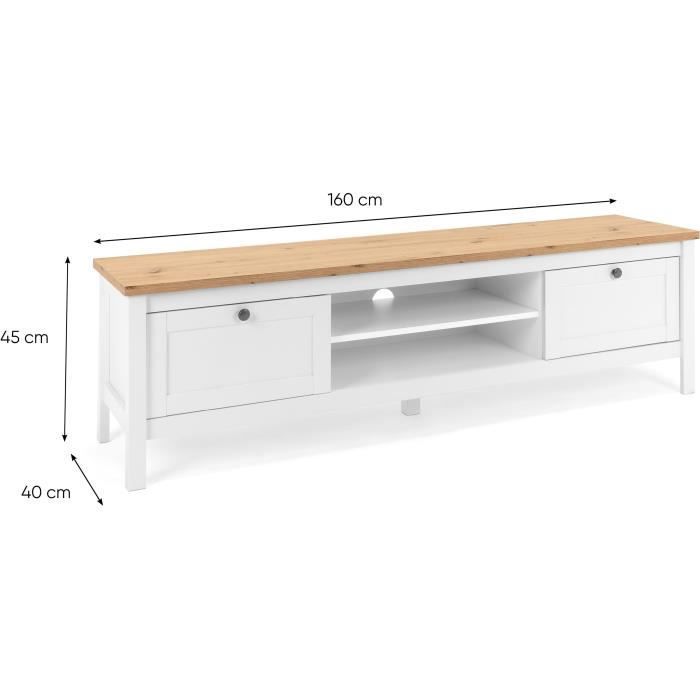 Meuble TV 2 tiroirs - Décor chêne artisan et blanc - L 160 x P 45 x H 40 cm - BERGEN