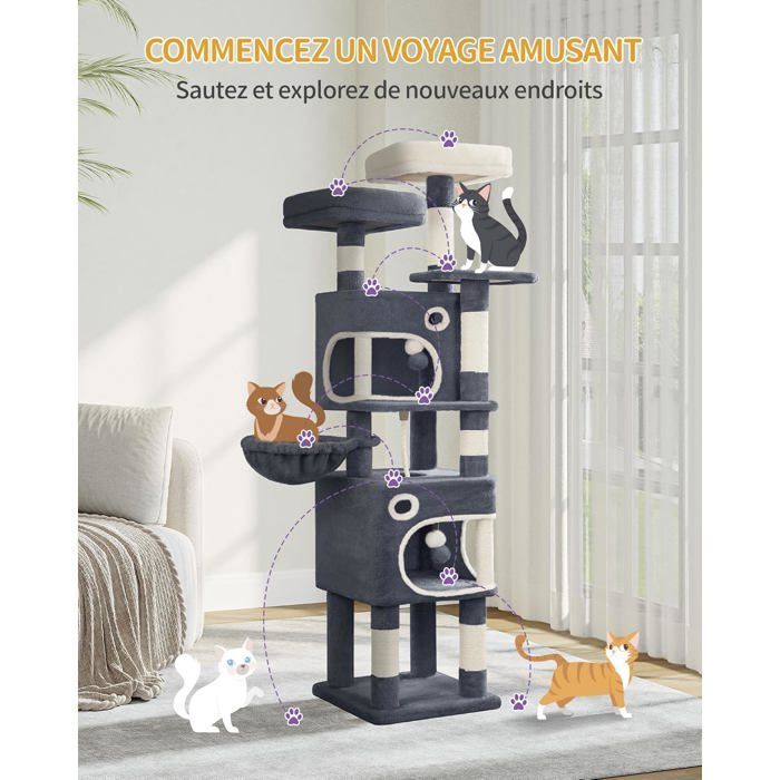 Cat Tree, 159 cm High, Cat Play Tower with 8 Scratching Posts, 3 Platforms, 2 Caves, Basket, Pom-poms, Dark Grey