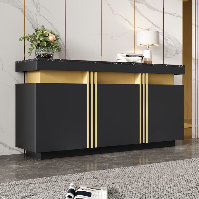 Aparador con efecto mármol negro, 140 cm - Armario de 3 puertas con tapa de mármol, 6 compartimentos, capacidad de 45 kg, diseño moderno y elegante.