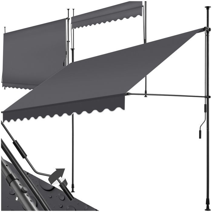 Store banne de jardin - TECTAKE - Store à pince sans perçage avec manivelle réglable en hauteur - Noir/Gris - 300 x 180 cm