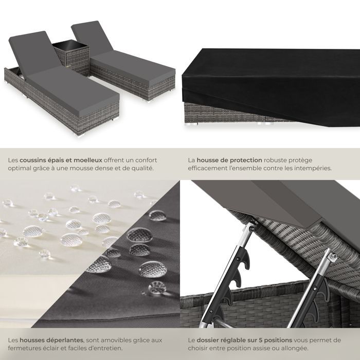 Tumbona - TECTAKE - Juego de 2 tumbonas RIVAGE con mesa, estilo contemporáneo, en aluminio y ratán 184 x 60 x 21 cm - Gris