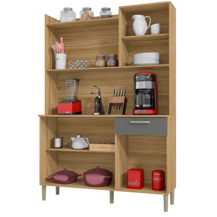 Aparador de cocina GENOVA - Roble y efecto gris - 6 puertas - 1 cajón - Ancho 121,5 x Alto 176 cm