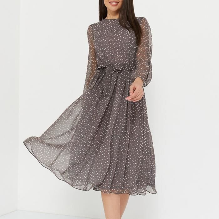 Vestido de gasa de largo midi para mujer, conjunto elegante, estampado de lunares, gris