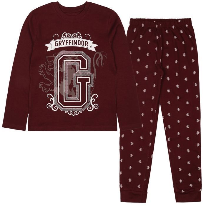 Harry Potter Gryffindor tweedelige pyjama met lange mouwen voor jongens, bordeauxrood, maat 9-10