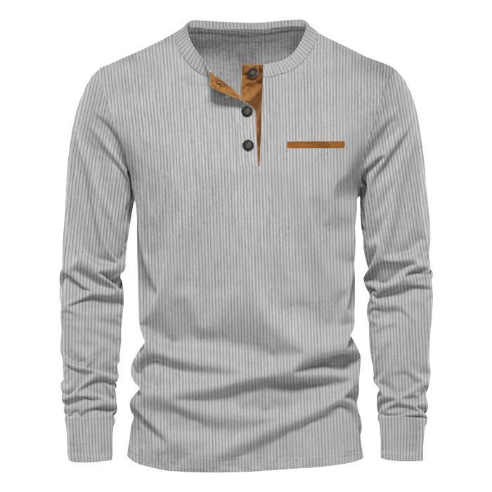 T-shirt casual da uomo a maniche lunghe in velluto a coste, vestibilità slim, scollo Henley, tinta unita, comoda - Taglia UE - Grigio chiaro