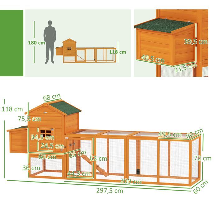 Pollaio - PawHut - con nido, conigliera separata, porte multiple, vassoio rimovibile - per 3-6 galline - legno massello - arancione