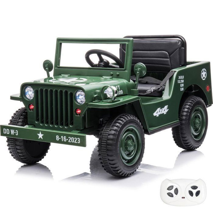 VROOOMY Voiture Électrique Militaire Willys 12V - Vert Armée - 1 à 6 ans - Pneus EVA - Bluetooth - Pelle Incluse