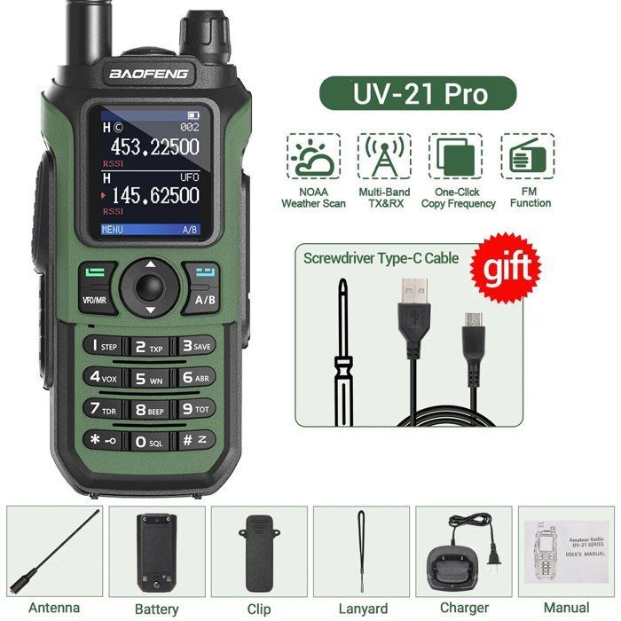 Baofeng-Radio amateur UV 21 Pro,talkie-walperforé,copie sans fil,16 km,AM,longue portée,étanche,multi-bande,chargeur de - Green-Euro