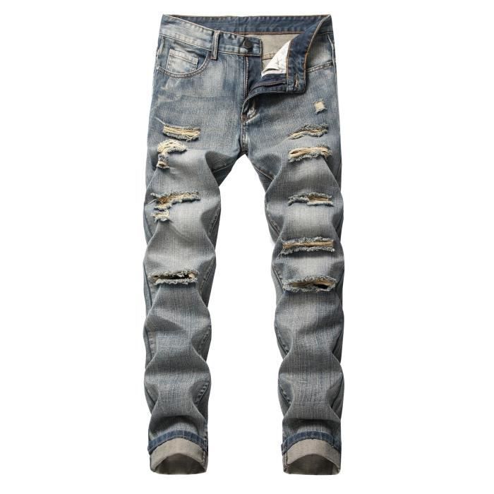Jeans da uomo INSFITY strappati - taglio dritto - blu - effetto usurato e scolorito
