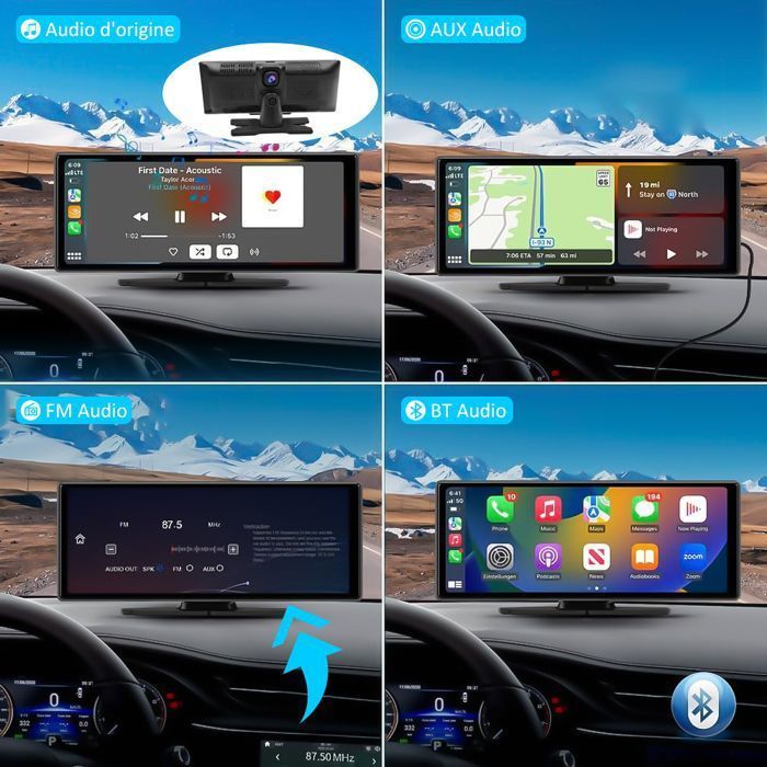 Pantalla inalámbrica CarPlay - CarPlay y Android Auto - Radio Bluetooth para coche - Cámara de salpicadero delantera y trasera 4K+1080P de 10,26'' y 64 GB