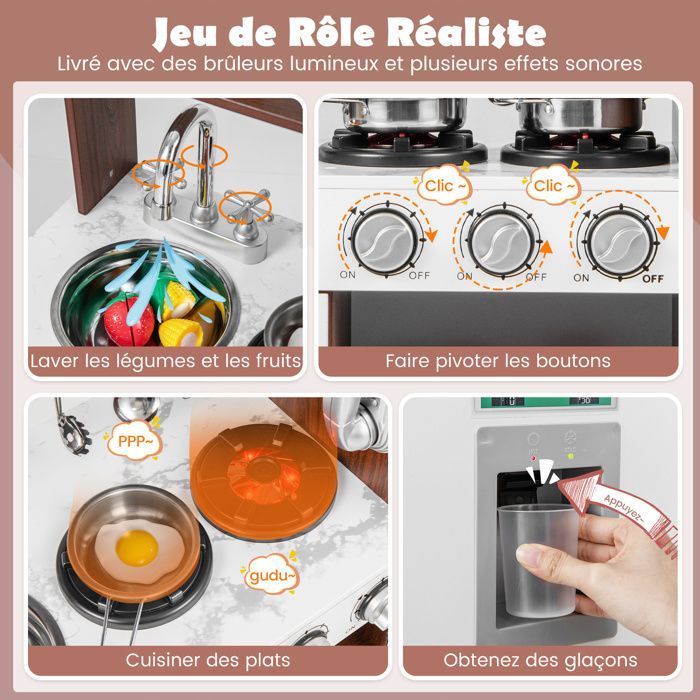 Cocina infantil DREAMADE con reloj y teléfono, efectos de luz y sonido realistas, fuente de agua y perillas giratorias, color marrón.