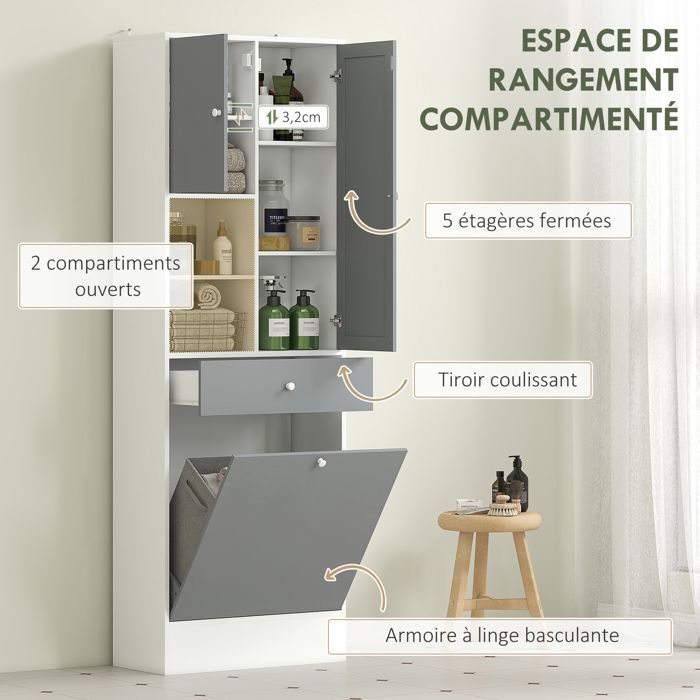 Mueble de baño - HOMCOM - cesto de ropa y espejo - estante ajustable - 62 x 28,3 x 181 cm - gris y blanco