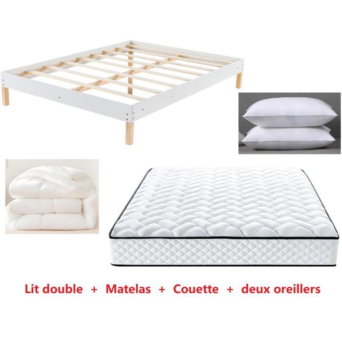 Letto matrimoniale in legno + materasso + piumone + due cuscini