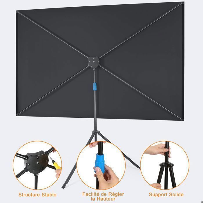 Tela de projeção VISULAPEX de 80 polegadas, 4K HD, formato 16:9, com tripé, para uso interno e externo, em fibra de vidro.