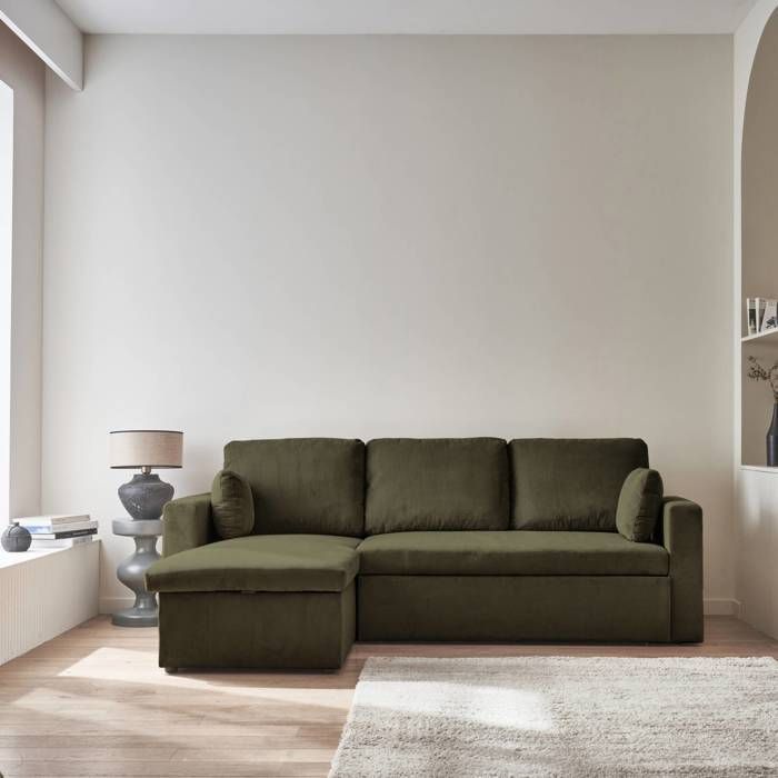 Sofá-cama de canto em veludo cotelê cáqui escuro - IDA - 3 lugares. Poltrona de canto reversível com compartimento de armazenamento.