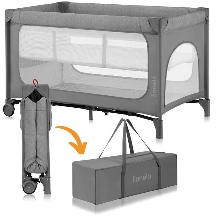 Cuna de viaje 2 en 1 LIONELO Jasmin - Parque infantil - Colchón de espuma T25 - Plegado rápido - 2 ruedas - Hasta 15 kg - Gris