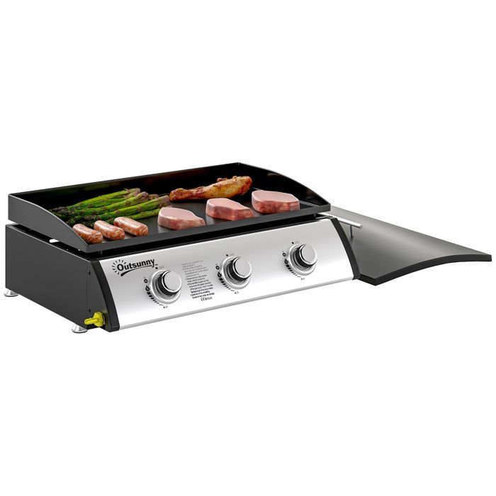 Plancha gaz - Outsunny - 3 brûleurs 7,5 kW - surface cuisson 61 x 35,5 cm - avec couvercle - gaz liquéfié/propane - noir