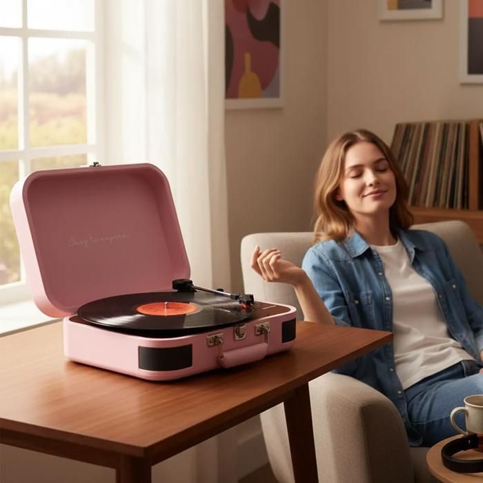 PRIXTON VC600 Turntable, Bluetooth/USB/SD Record Player, Vinyl Record Player and Digitizer, 2 Speakers, Pink