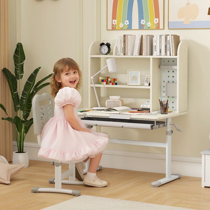 Kinderschreibtisch – AIYAPLAY – Höhenverstellbar, neigbare Tischplatte, Schublade, Ablage – PP – 80 x 51 x 108,5–130,5 cm – Natur