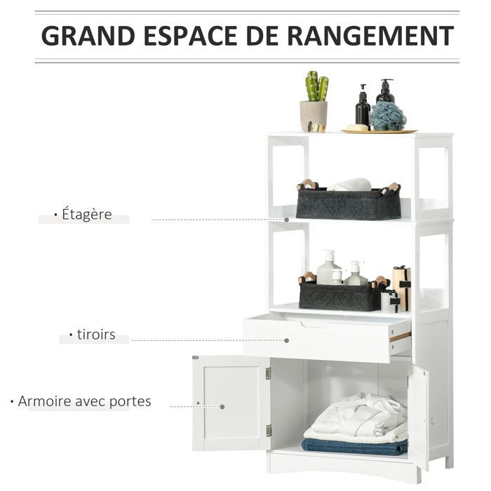 Bathroom storage unit - Kleankin - 2 doors, drawer, 3 shelves - MDF - 60x33x122cm - white