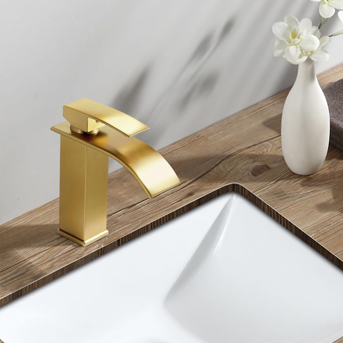 Brushed Gold Waterfall Bathroom Faucet, Brass Bathroom Basin Mixer Tap, Basin Faucet, Brass Mixer Tap