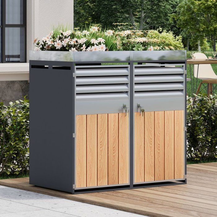 Recinto doble para contenedores - LANGTU - Recinto doble para contenedores con jardinera - Acero galvanizado - Ventilado - Puertas con cerradura