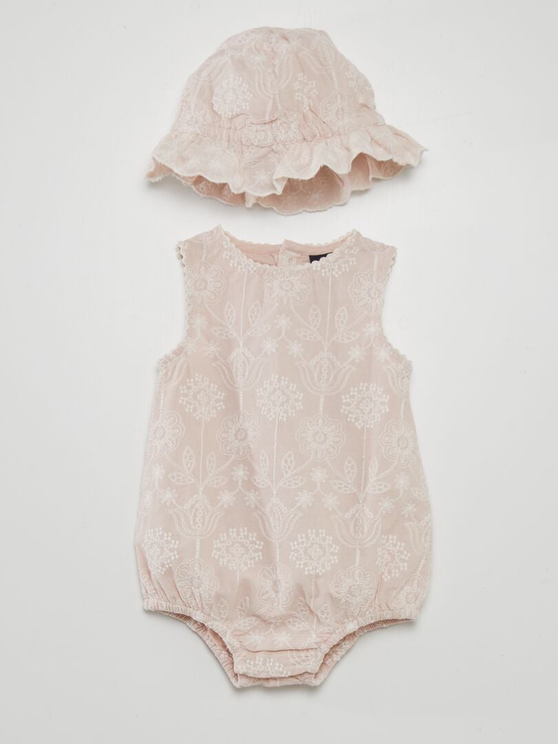 Ensemble bonnet bob + barboteuse brodée - ROSE