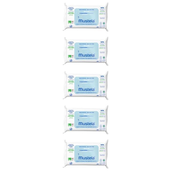 Salviette detergenti compostabili Mustela, senza profumo, confezione da 5 x 60 salviette