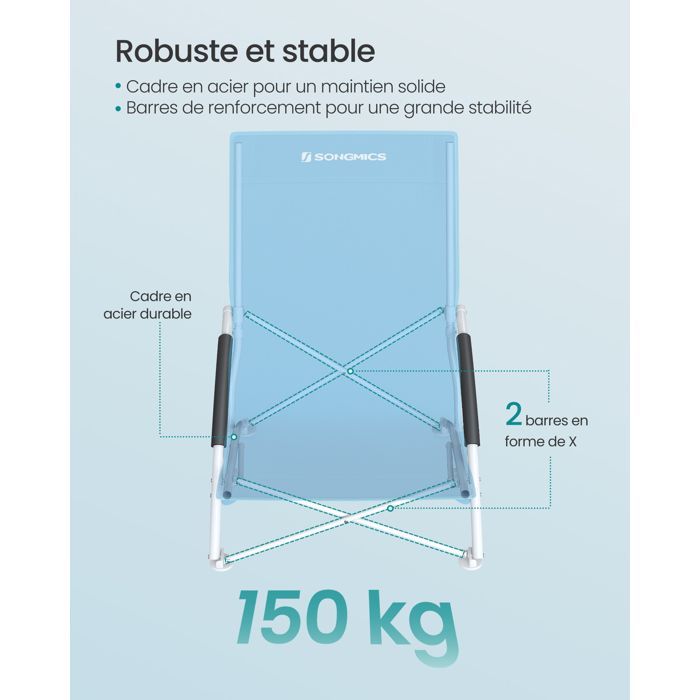 Silla de playa plegable SONGMICS - Respaldo alto - Ligera - Capacidad de carga de 150 kg - Azul